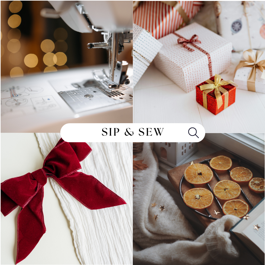 Collage of sewing machine, gift-wrapped presents, red ribbon, and baking with 'Sip & Sew' text.